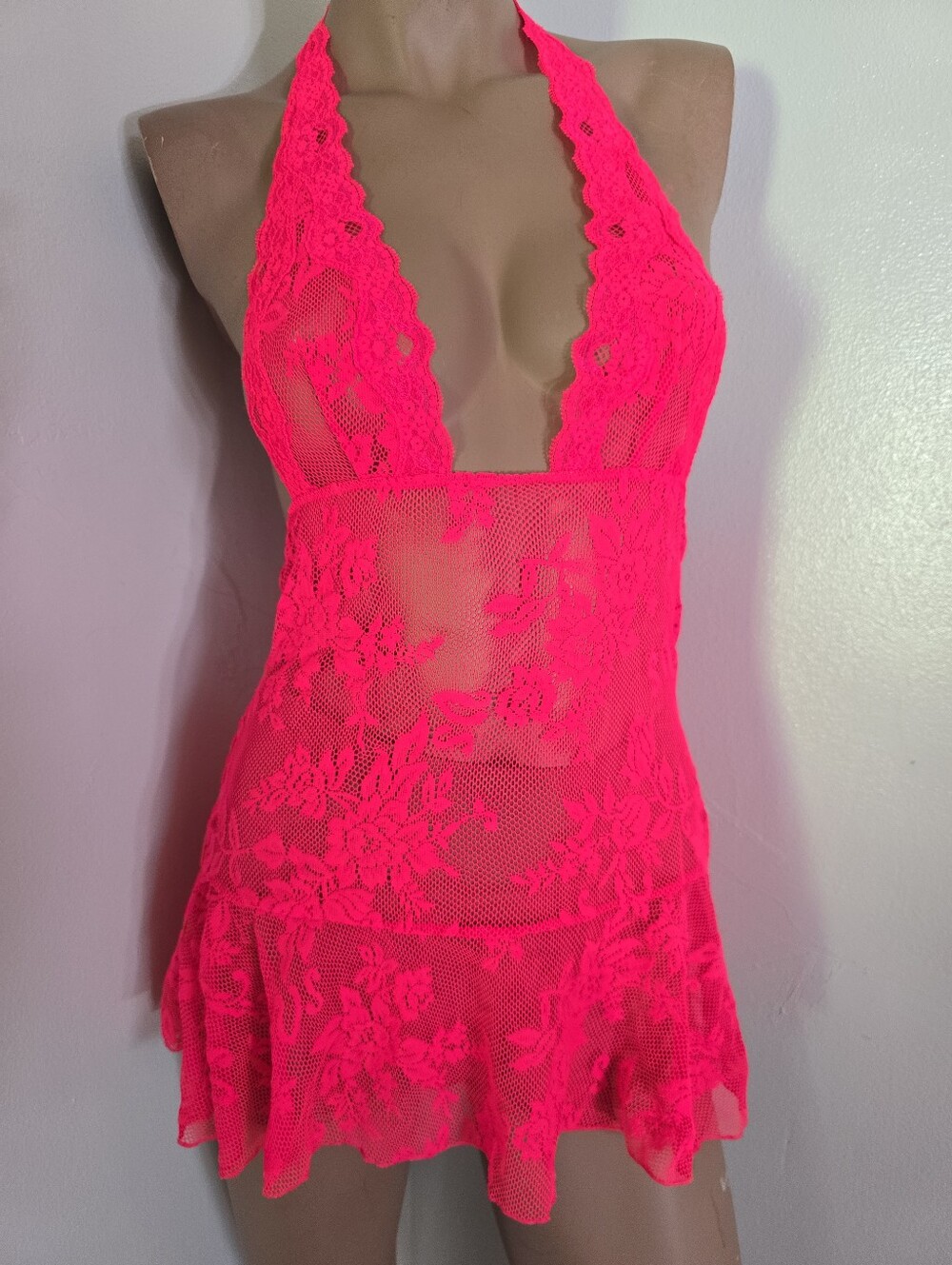 Victorias Secret Neon Pink Lace Halter Chemise Size Extra Small